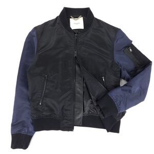 OVADIA & SONS Leather Trim Satin Bomber Jacket Black‎ Minimal Athleisure Aviator